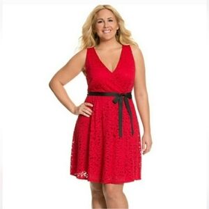 Lane Bryant Size 26 Red Sleeveless Lace V Neck Flare Dress Ribbon Sash